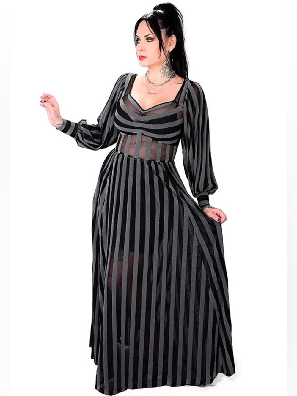 Striped Sheer Maxi Dress - Black/Gray